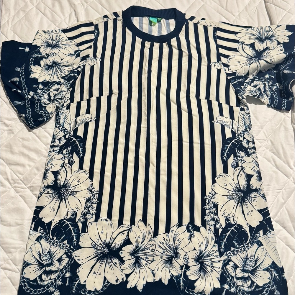 FARM Rio Navy and White Floral Striped Mini Dress